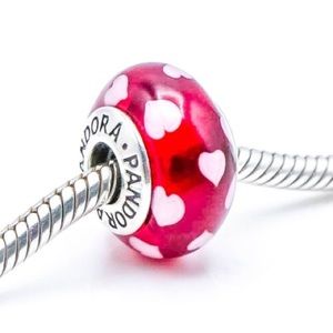 PANDORA Sweethearts Red Murano Glass Sterling Silver Charm With Pink Hearts